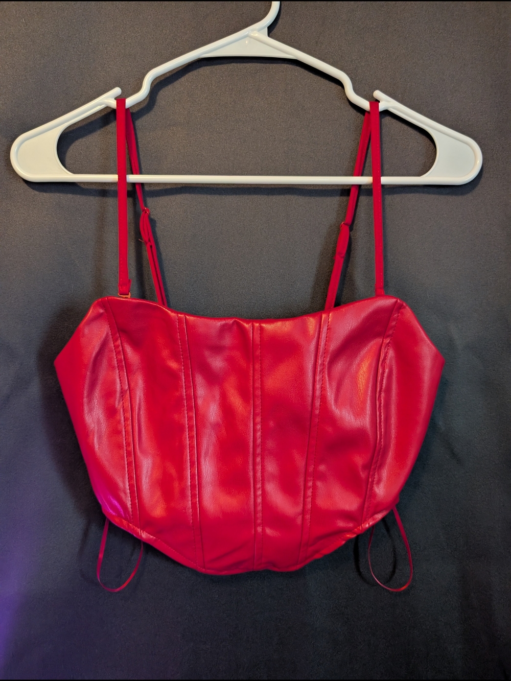 Red Faux-Leather Corset Crop Top - Women Structured Adjustable Straps Zip Up